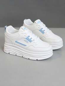 1 Pair Women's Casual Thick Sole Platform Sneakers, Fashionable Appearance, Lace-Up Closure, 5cm Height Increase, Suitable For Petite Women - White and Blue - View 4
