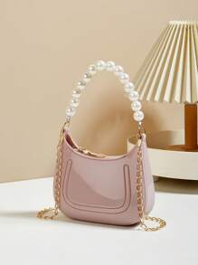 Mini Underarm Bag For Toddler Girls, Pearl Decor Zipper Closure Handbag, Lovely Gift Bag For Girls