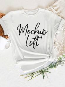 Unisex Script Theme Cotton T-Shirt, White Tee With 'Mockup Loft' Text, Perfect For Casual Occasions/Summer, Gift For Birthday/Event, Classic Round Neck Tee. Summer Tops - 白色 - 查看 1