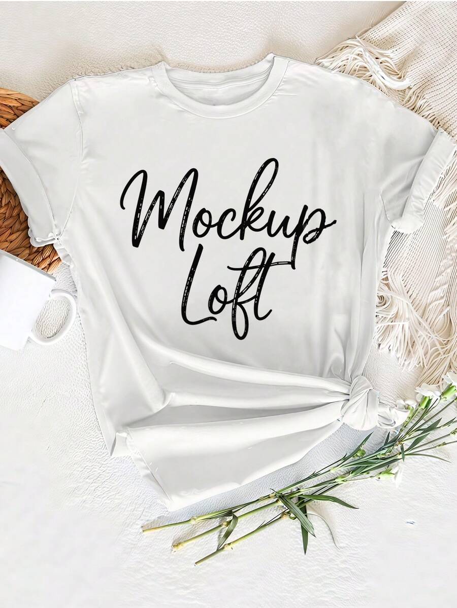 Unisex Script Theme Cotton T-Shirt, White Tee With 'Mockup Loft' Text, Perfect For Casual Occasions/Summer, Gift For Birthday/Event, Classic Round Neck Tee. Summer Tops - 白色 - 查看 1