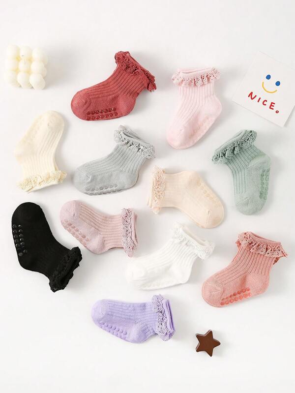12/6/3/1 pares de calcetines cortos de verano/primavera de unicolor para niñas bebé, con puntos antideslizantes, con adorno de encaje, calcetines de princesa lindos, suaves y transpirables, adecuados para celebraciones/regalos de nacimiento/regalos para bebés/regalos festivos/viajes