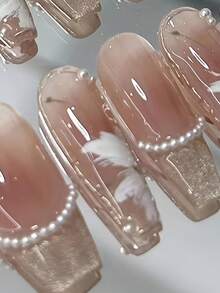 [Móng Tay Đính Ngọc Trai] 1 Gói/10 Móng Tay Giả Thủ Công Kiểu Mắt Mèo Đính Ngọc Trai, Thiết Kế Hoa Trắng, Móng Giả Che Phủ Toàn Bộ Cho Phụ Nữ và Bé Gái, Dụng Cụ Làm Móng, Móng Tay Giả Thủ Công - Màu Hồng baby - Xem 2