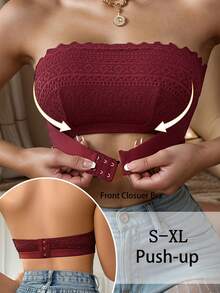 Áo ngực không dây cài trước họa tiết hoa thêu ren, áo ngực Bandeau thoải mái dành cho nữ - Màu Đỏ Sâu - Xem 4