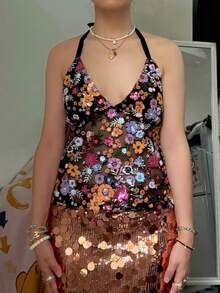 Women Y2k Sequin Halter Cami Tops Summer Deep V Neck Spaghtti Strap Backless Sexy Crop Tank Tops Sheer Mesh Patchwork Slim Fit Shirt Fairy Grunge Going Out Tops E-Girls Vintage Aesthetic Clothes Clubwear