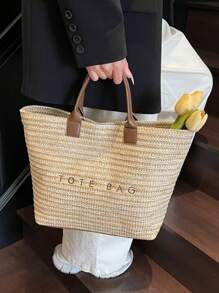 Chic Preppy-Style Large Capacity Tote Bag - Lightweight PVC & Kraft Paper With Magic Tape Closure For Women's Fashion