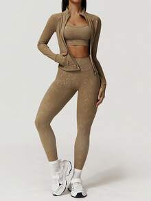 Sodalemon 女士全拉链口袋拇指孔健身夹克无缝前缝瑜伽紧身裤银色烫印运动套装 - 摩卡棕 - 查看 5