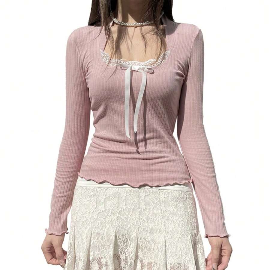 Women Y2k Clothes Coquette Bow Lace Trim Long Sleeve Crop Tops Teen Girls Fairy Grunge Vintage Going Out Tops - Hồng - Xem 1