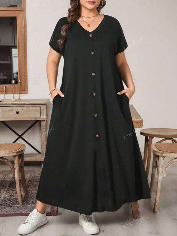 Plus-size damesjurk van effen breisel met knopen en zakken, modieuze zomerkleding voor op vakantie