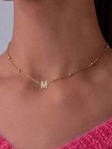 26 立方字母吊坠女款项链串珠饰物不锈钢项链女款 - 金黃色 - 查看 1