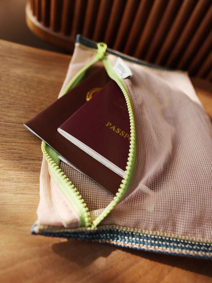 Bolsa organizadora de malla de nailon translúcida para documentos, cables, artículos de viaje, liviana y plegable - Rosa - Ver 1