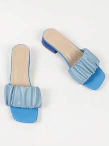 时尚蓝色方头粗跟PU皱纹系列女士高跟凉鞋和拖鞋，适合音乐节、度假季节和所有季节