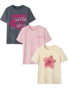 Set de 3 camisetas de mujer de manga corta y cuello redondo, con estampado floral, de uso diario y casual, sencillas y de moda