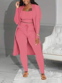 Casual Ribbed 3-Piece Set, Crop Top+High Waisted Drawstring Pants+Long Cardigan, Women's Clothing - 粉色 - 查看 2