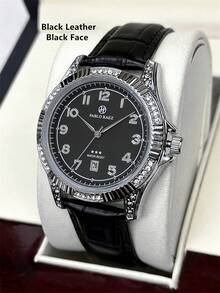 Pablo Raez 1pc Man Black Suit Business Watch Fashion Casual Wristwatch For Gentleman Stainless Steel Silver IPS Rhinestones Case Luxury Black Soft & Comfortable Microfiber Leather Fashionable Designer Male Arabic Scales Scales With Date 50M Waterproof Calendar - Silver - View 15