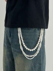 1pc Fashionable Casual Simple Multi-Layer Faux Pearl Waist Chain, Men's Personalized Charm Accessory, For Pants Decoration, Suitable For Daily Wear, Party, Music Festival - Imitation Pearl Trouser Chain - View 10