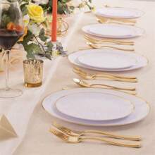 1 Set de 25 piezas de Platos Redondos para Pasteles y Postres en Platino, que incluye (Platos Laterales de 7.5 Pulgadas/10.25 Pulgadas) y Tazones Premium para Ensalada de Frutas, reutilizables y fáciles de limpiar. Ideal para bodas, San Valentín, cumpleaños y reuniones festivas