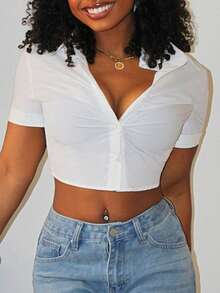 Steph T Women's Fashionable Short V-Neck Short Sleeve Shirt,Short Sleeve Tops,Summer White Crop Casual Elegant Top Festival Beach Going Out Tee