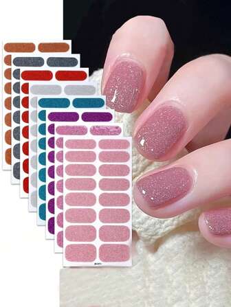 8 Sheets Nail Wraps Nail Polish Strips, Pink Nail Glitter Self-Adhesive Gel Nail Stickers, Suitable For Women's Home DIY Self-Use Nail Art Supplies Nail Art Kit