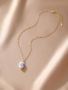 1pc Vintage Style Porcelain Pattern Multi-Element Heart & Flower Pendant Necklace, Suitable For Women Everyday Wear - Multicolor - View 14