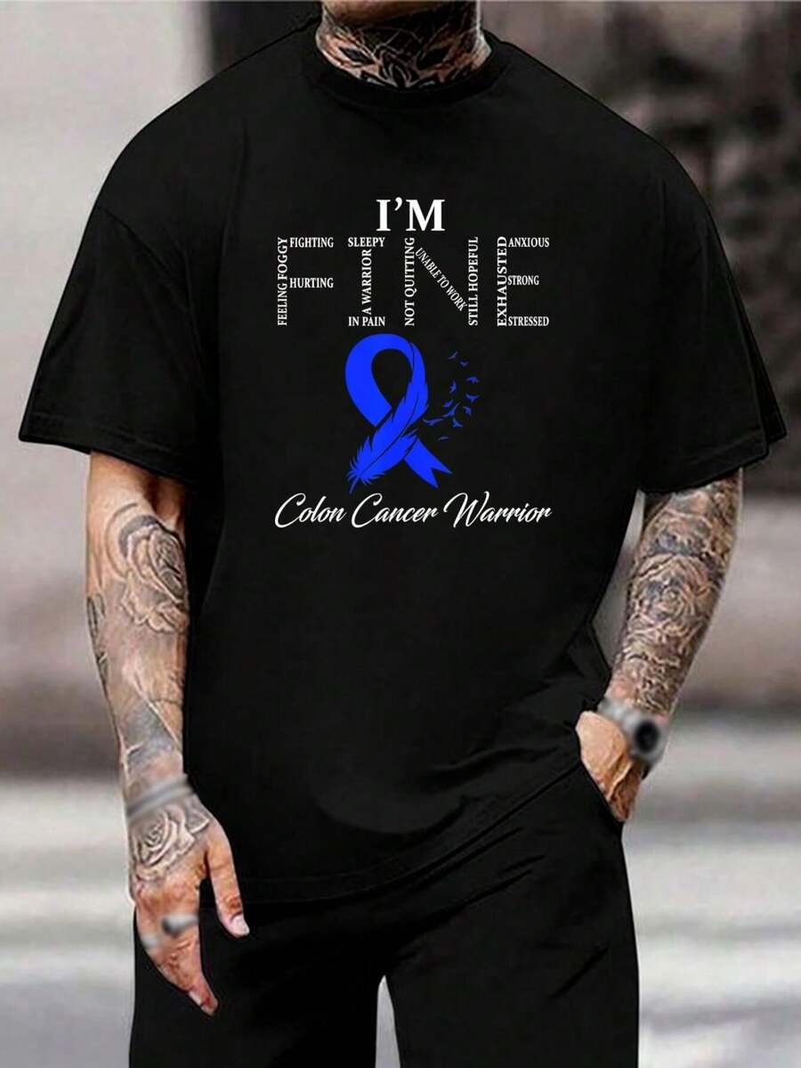 Camiseta 'Estoy Bien, Guerrero Contra el Cáncer de Colon' - Muestra Apoyo y Fortaleza. Camiseta de Algodón Suave para Hombres y Mujeres. Gráfico de Cinta de Concientización. Regalos y Ropa para la Lucha contra el Cáncer de Colon. Camiseta de Apoyo para el Esposo - Negro - Ver 1