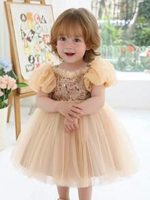 女婴香槟色泡泡袖亮片网纱优雅金色连衣裙，圣诞公主裙，适合作为女婴一周岁生日礼物、婚礼花童、派对、节日庆典礼服 - 香檳色 - 查看 4