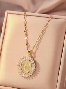 1 pièce Collier pendentif Vierge Marie de croyance religieuse à la mode européenne et américaine avec incrustation de zircone colorée, collier ras du cou pour femmes