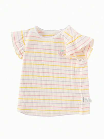 Balabala Baby T-Shirt Girls' Short Sleeve Children's Top 2025 Summer New Striped Tee Sweet Flutter Sleeve