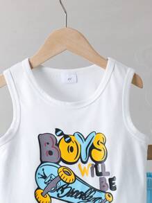 Set de 2 piezas de camiseta de punto con cuello redondo y estampado de letras, y shorts casuales, versátiles y cómodos para niños