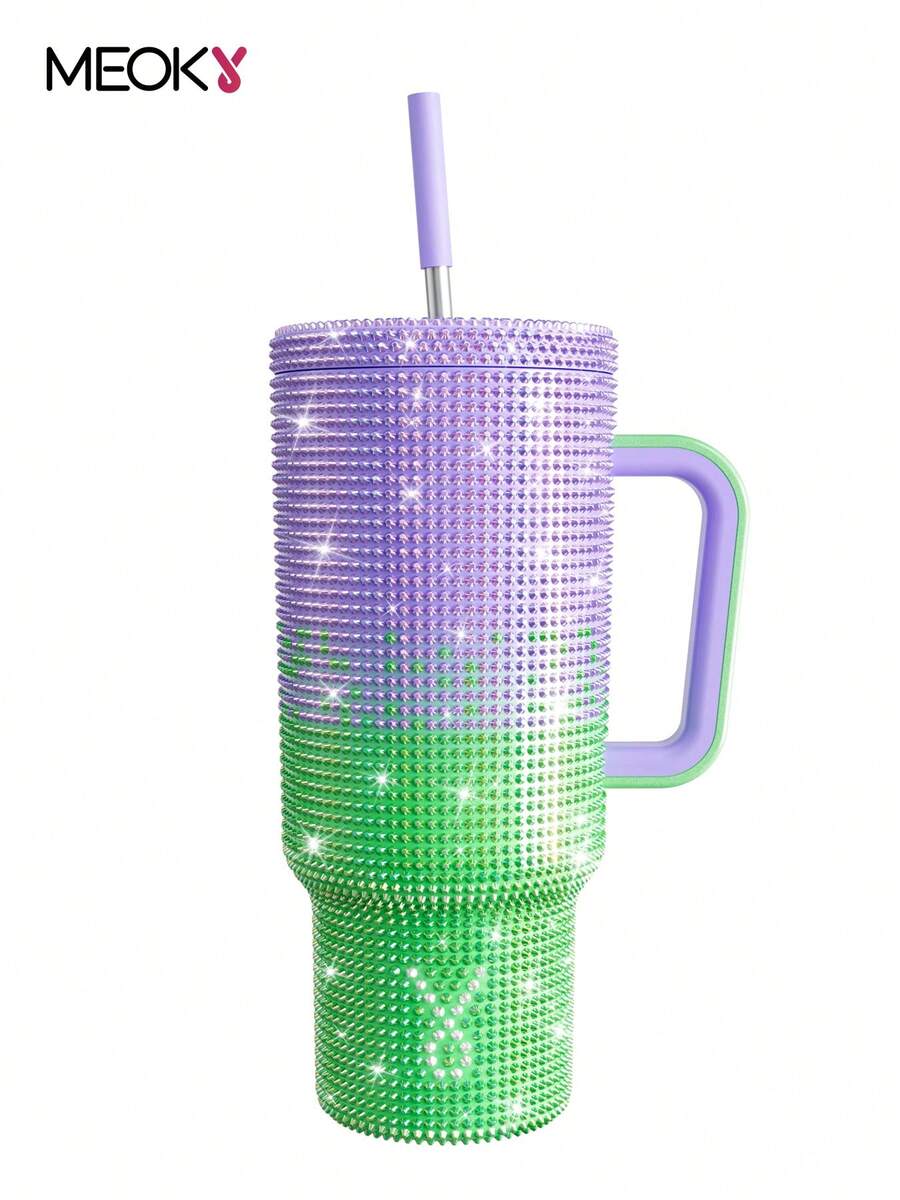 40盎司不锈钢钻石光泽保温杯，带手柄、杯盖和吸管，真空保温水瓶，防漏杯盖和吸管，保温咖啡杯，不锈钢旅行杯，保冷34小时或保温10小时，便携适合户外露营、徒步旅行、驾车和公路旅行，大容量个性化杯子，节日和生日礼物