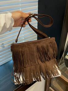 1 pieza Bolso de mano informal de verano de color café con cremallera suave de piel sintética, volantes decorativos, unicolor versátil y elegante, adecuado para uso diario de mujeres - Café - Ver 7
