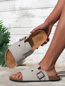 Couple's Summer Casual Men's Sandals, Minimalist Solid Color Slide Sandals - Casual Open Back Slippers, Grey Upper And Grey Straps, Suitable For Indoor/Outdoor Wear/Beach Leisure - Grey - View 5