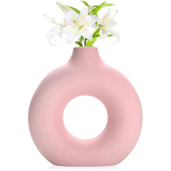1pc Donut Shaped Hollow Vase, Modern Matte Ceramic Vase Suitable For Entryway, Living Room, Bedroom, Dining Table Center, Office Home Decor