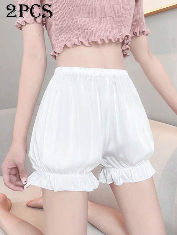 2pcs/Set Women Solid Color Sweet Bow Lantern Shorts, Thin Safety Shorts For Summer To Prevent Upskirt