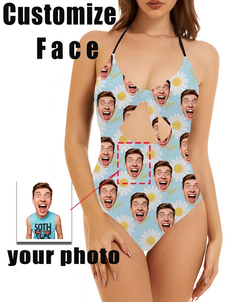 1 pieza Traje de baño de una sola pieza con estampado personalizado de rostro para mujer, diseño sexy y de moda con abertura y lazo, sin mangas, para piscina, playa, vacaciones, chica, mejor regalo para novia/esposa, elegante, de moda, hipster, casual, minimalista, personalizado, único, disfraces de hombre, guardarropa cápsula, estilo básico/urbano para hombres, regalos ideales para él, novio, familia, amigos, para cumpleaños, para vacaciones/días festivos, para escuela/competencia, para deportes/escalada