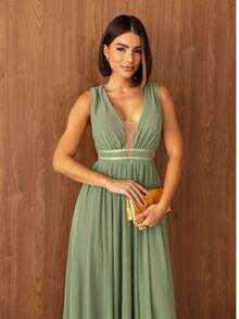 Long Party Dress Wedding Bridesmaid Tulle Without Shine - Olive Green - View 2