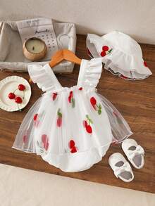 Baby Girls' Cute Cherry Printed Bodysuit With Hat Cap Sleeve, Mesh Decor, Suitable For Spring/Summer Outdoor - White - View 2