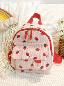 Mochila de gran capacidad de pana linda, adecuada para viajes, salidas de primavera, escuela o como bolso pequeño, con estampado aleatorio - Rosa - Ver 7