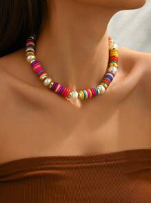 1 pieza Collar de estilo bohemio y resort con trenzado, piedras y perlas para mujeres (color aleatorio)