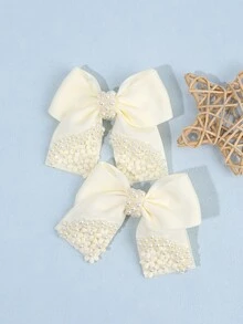 2PCS Fashion Trailing Rose Decorated Bow Girl Hair Clip, Pearl Decorated Solid Color Hairpin Is The Perfect Choice For Giving Children Birthday Gifts