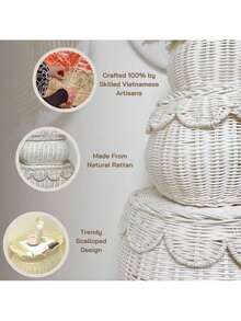 Scalloped Basket With Lid Set Of 3,Stackable Baskets For Organizing, Scalloped Wicker Basket, Woven Basket With Lid, Rattan Storage Baskets With Lid, Basket With Lid Decorative Storage - Rattan - View 10