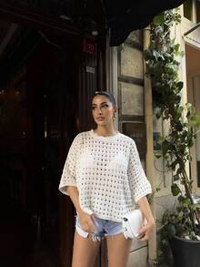 纯色休闲波西米亚风透视镂空衬衫，适合日常穿着 - 白色 - 查看 2