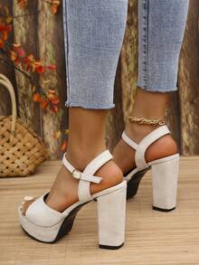 Women's Fashion Comfortable Casual Versatile Pointed Toe Black Suede Back Strap Platform Chunky Heel Sandals,Summer Shoes - Beige - View 5