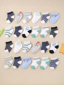 24双随机颜色婴儿袜。适合幼儿。可爱新生儿袜。简约恐龙提花设计，男女宝宝均适用。适合0-3岁宝宝。婴儿袜，新生儿袜，幼儿袜 - 彩色 - 查看 9