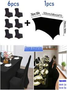 1/2pcs Black High Stretch Tablecloth + 6pcs Chair Cover Set, 4FT/6FT/8FT Polyester & Spandex Material Tablecloth, All-Season Tablecloth Covers, Full-Cover Chair Covers, PU Leather Chair Covers With Tie-Back, Suitable For Home, Indoor, Outdoor, Picnic And Camping, Fits All Holidays And Special Occasions