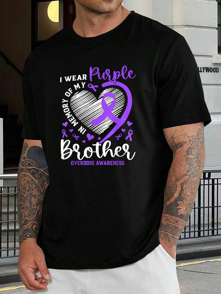 Camiseta de Concientización Sobre Sobredosis con Cinta Morada - Honra a Seres Queridos Perdidos y Apoya la Prevención (Ajuste Unisex) - Negro - Ver 1