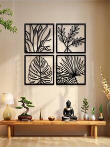 4pcs Modern Metal Wall Decor: Leaf Sculpture Decorations For Living Room, Bedroom, Home & Garden - Contemporary Leaf Metal Wall Signs Art For Home Decor Room Decor Bedroom Decor - Black - View 9