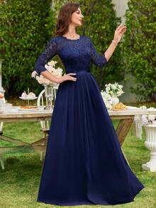 MIUSOL 花卉蕾丝雪纺荷叶边长款连衣裙，优雅女士礼服，正式礼服，适合婚礼宾客、毕业典礼、晚宴及其他场合。