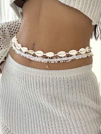 6pcs Fashionable Minimalist Beach Vacation Starfish Pendant, Shell Bead Bohemian Waist Chain Set