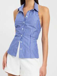 Women Collared Halter Neck Tank Top Sleeveless Button Down Cami Tops Dressy Backless Night Out Shirt Top - Blue - View 3