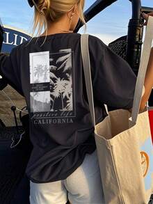 Women's Summer New Simple Slogan Print Casual Vacation Loose Fit Round Neck Apricot Short Sleeve T-Shirt, Fashionable Everyday Top, Suitable For Daily And Vacation Wear - Black - View 7